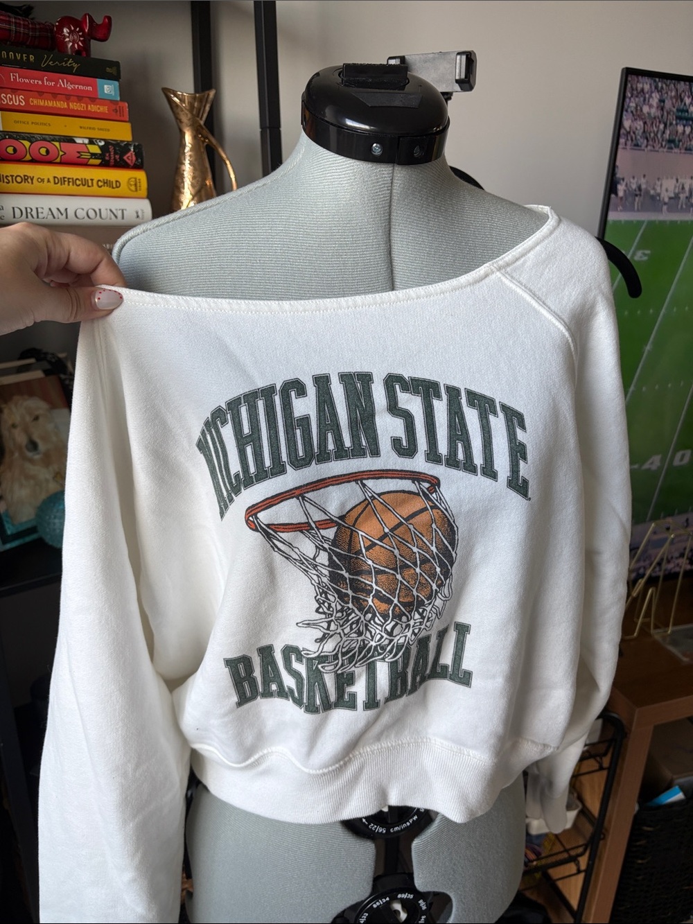 Michigan State Off-the-Shoulder Basketball Sweatshirt - White